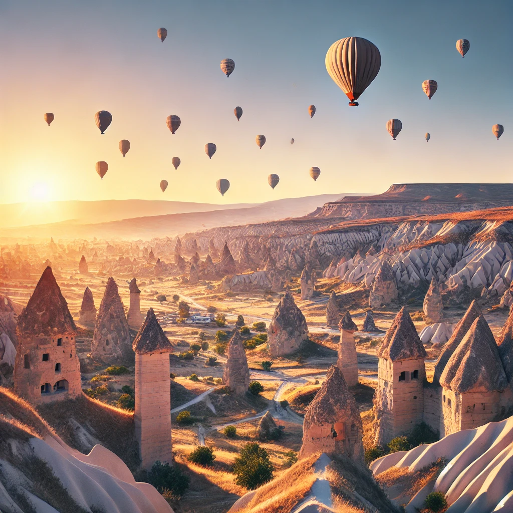 DALL·E 2024 08 16 17.15.12 A scenic landscape of the Cappadocia region in Turkey with unique rock formations fairy chimneys under a clear blue sky. Hot air balloons floating i