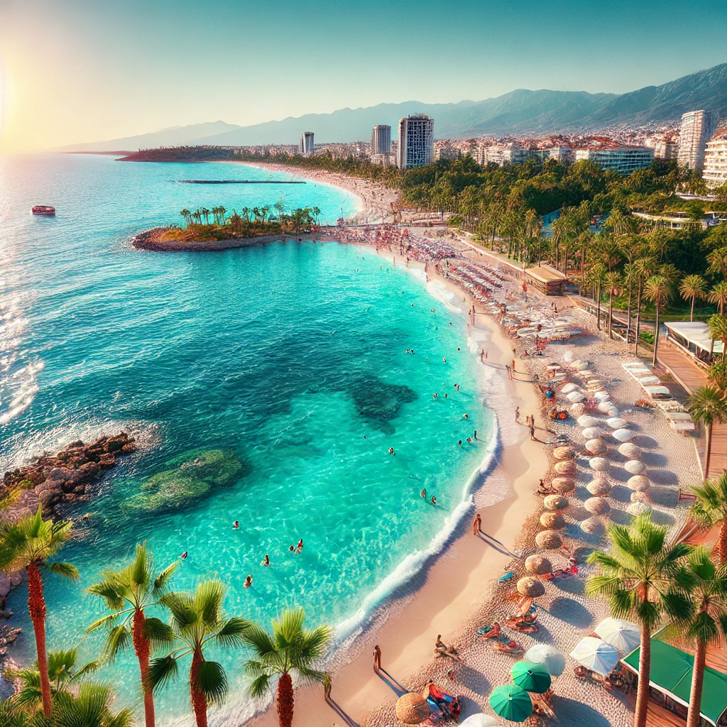 DALL·E 2024 08 16 17.15.38 A beautiful beach in Antalya Turkey with turquoise blue waters white sandy beach and lush green palm trees. The coastline is vibrant and busy with