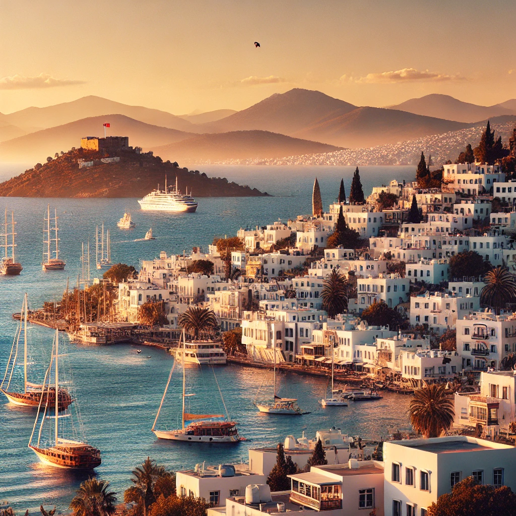 DALL·E 2024 08 16 17.15.59 A picturesque view of Bodrum Turkey with white washed buildings on a hill overlooking the deep blue Aegean Sea. Sailboats and yachts are anchored ne