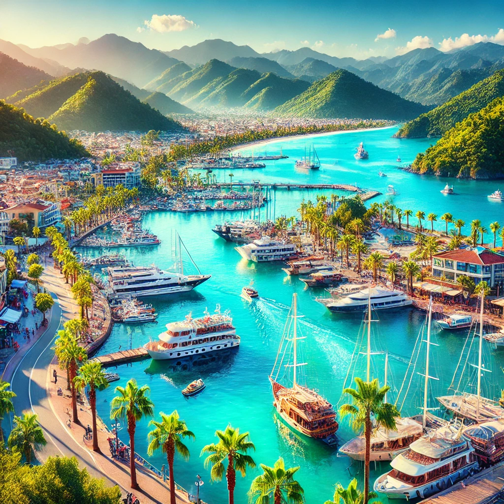 DALL·E 2024 08 16 17.16.36 A scenic view of Marmaris Turkey with its turquoise waters lush green mountains and a marina filled with yachts. The vibrant waterfront is bustlin