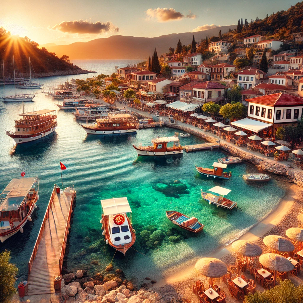 DALL·E 2024 08 16 17.16.45 A charming coastal town of Kas Turkey featuring the crystal clear waters colorful boats docked at the harbor and small cafes along the shore. The