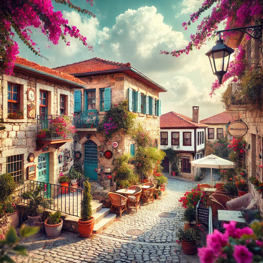 DALL·E 2024 08 16 17.16.55 A scenic view of Alacati Turkey featuring traditional stone houses with colorful shutters and cobblestone streets lined with blooming bougainvillea