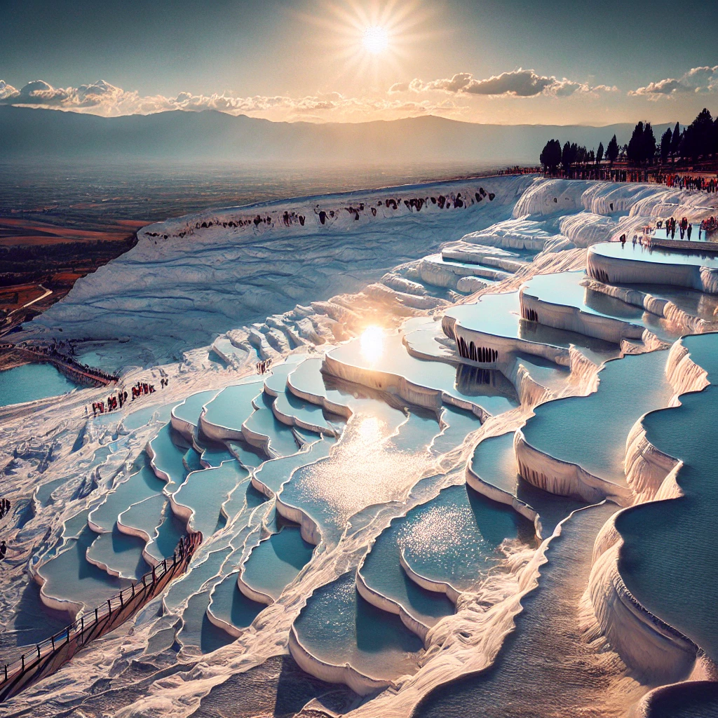 DALL·E 2024 08 16 17.17.11 A breathtaking view of Pamukkale Turkey showcasing the white travertine terraces with thermal pools cascading down the hillside. The sunlight reflec