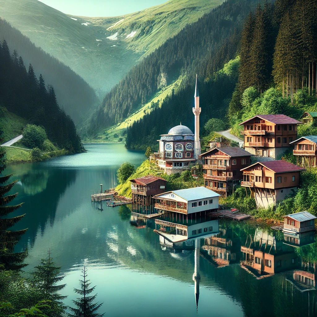 DALL·E 2024 08 16 17.17.24 A stunning view of Uzungol in Trabzon Turkey featuring the serene lake surrounded by lush green mountains and traditional wooden houses. The tranqui